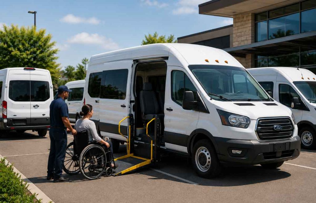 Fleet of commercial wheelchair-accessible NEMT vans with drivers preparing vehicles for non-emergency medical transportation services.