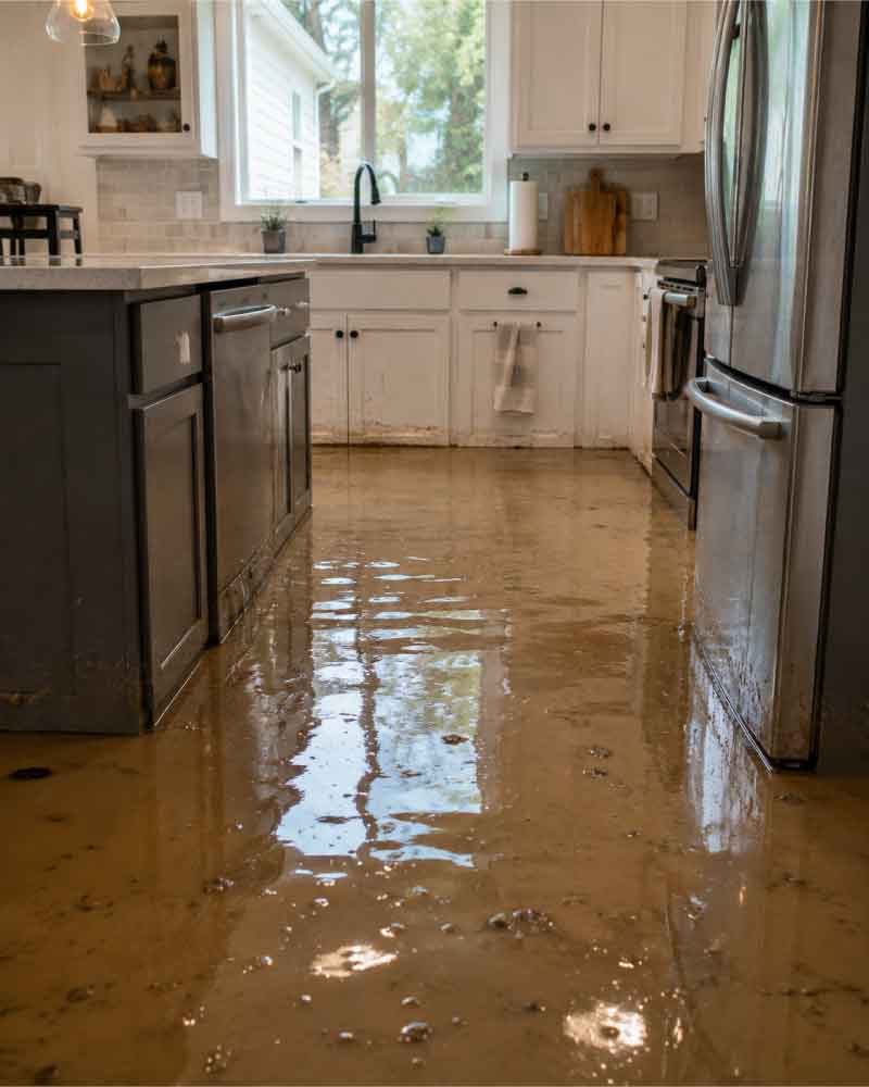 Floodwater covering the floor of a residential kitchen and damaging cabinets and appliances.