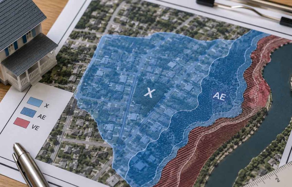 Flood zone map showing a residential property near Zone X, AE, and VE flood hazard areas.