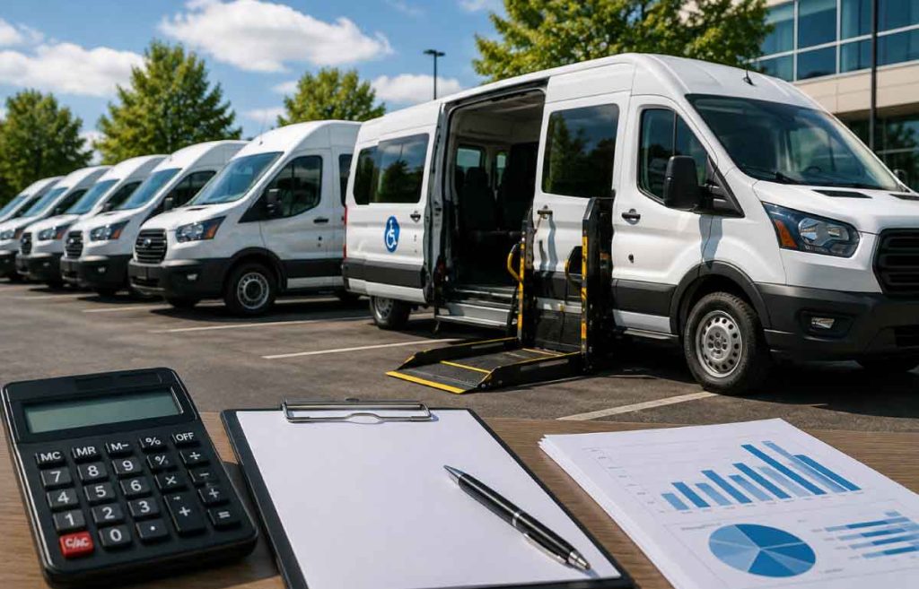 Fleet of non-emergency medical transportation vans with insurance paperwork and a calculator illustrating NEMT insurance cost and underwriting considerations.