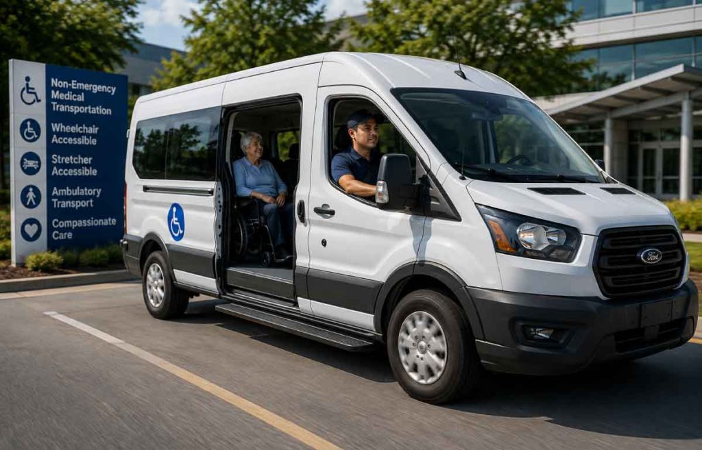 NEMT driver inspecting an accessible medical transportation vehicle while preparing for service, representing factors that may affect NEMT insurance costs and underwriting.