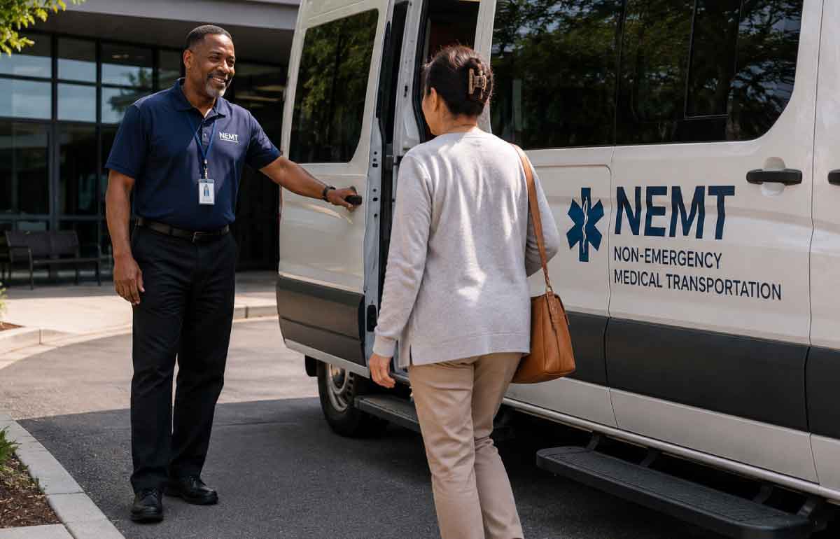 NEMT driver welcoming a passenger boarding a non-emergency medical transportation vehicle