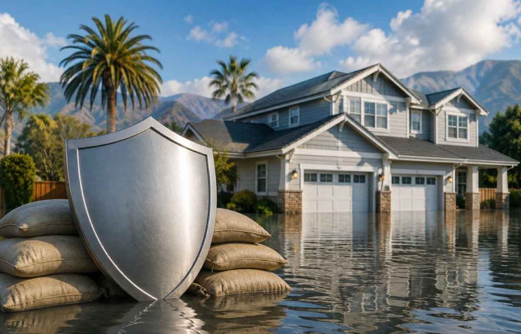 California home surrounded by floodwater with sandbags and a protective shield representing private flood insurance coverage.